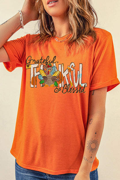 Grateful Thankful Blessed Turkey Graphic Thanksgiving T Shirt | Orange