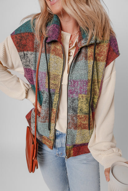 Plaid Print Side Pockets Zipped Loose Vest | Multicolour