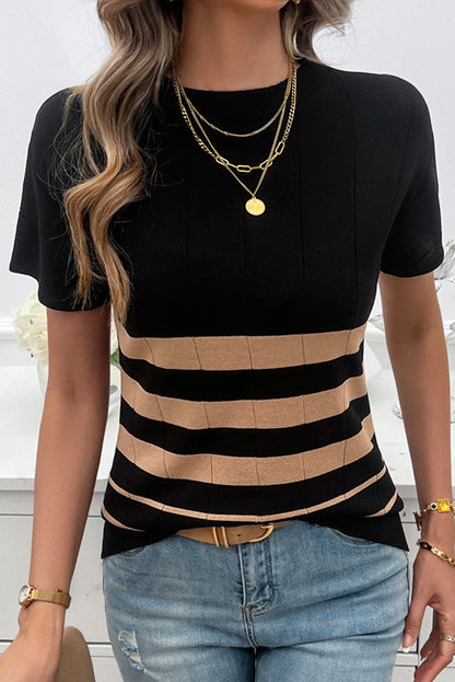 Striped Crew Neck Sweater T-Shirt | Black