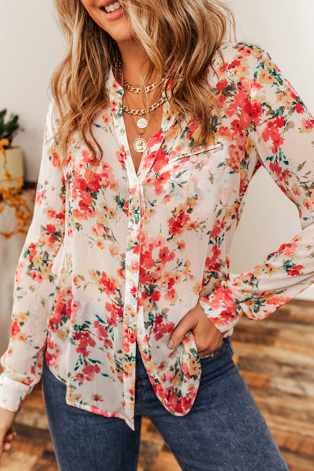 Vibrant Floral Print Chest Pocket Shirt | Snow White