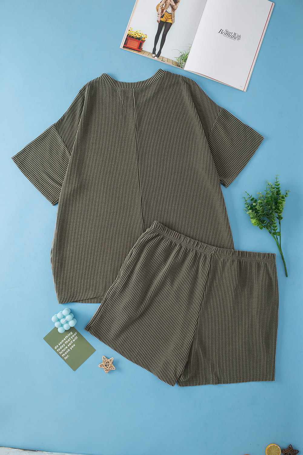 Plus Size Rib Knit Short Sleeve Top And Shorts Set | Moss Green