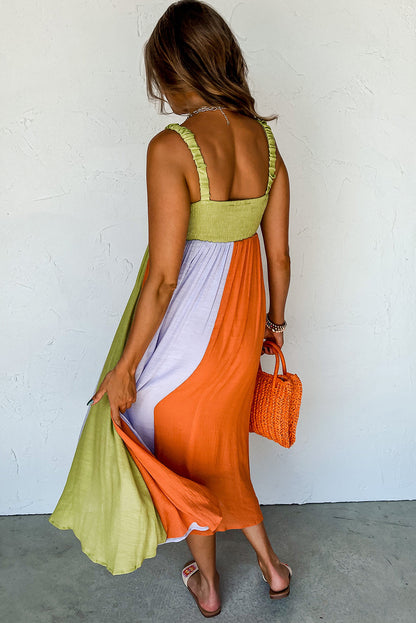 Colour Block Shirred High Waist Fit And Flare Maxi Dress | Green