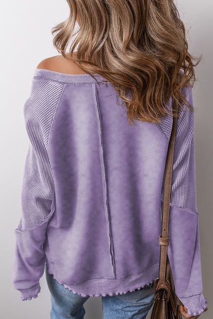 Solid Waffle Knit Patchwork Raglan Sleeve Sweatshirt | Orchid Petal