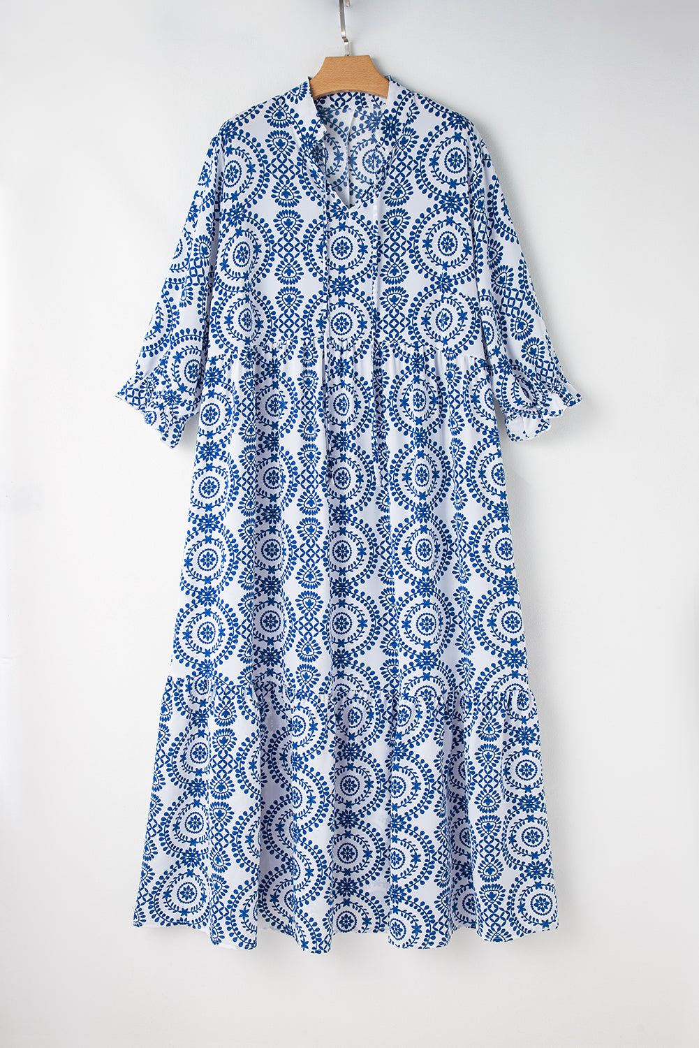 Geometric Print Lace-Up Notch Neck Plus Size Maxi Dress | Sky Blue