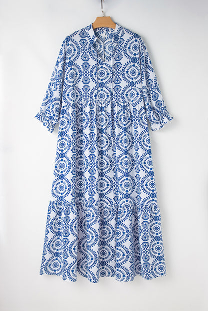 Geometric Print Lace-Up Notch Neck Plus Size Maxi Dress | Sky Blue