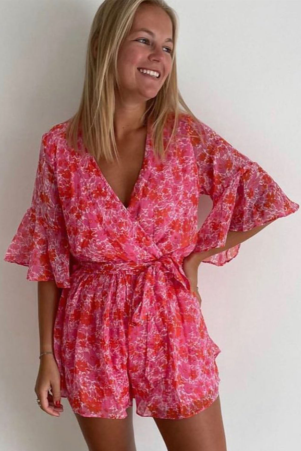 V Neck Ruffled Sleeve Floral Romper | Pink