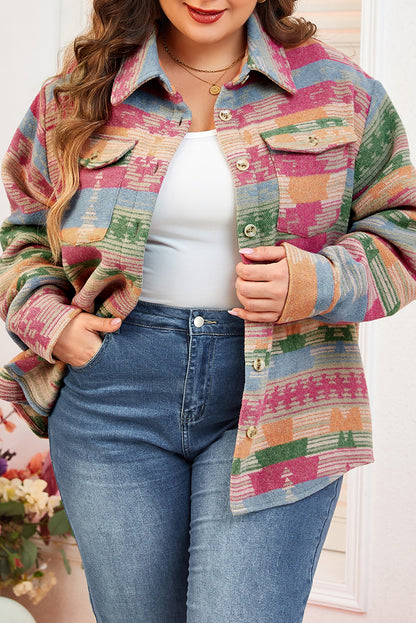 Plus Size Aztec Printed Flap Pocket Shacket | Pink