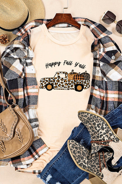 Khaki Happy Fall Leopard Truck Cute Pumpkin Graphic Tee