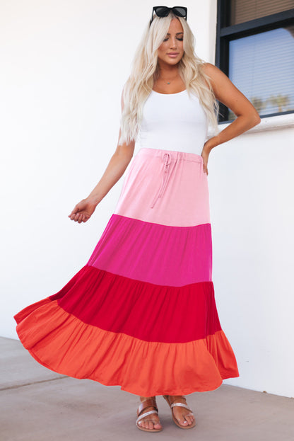 Colour Block Tiered Drawstring High Waist Maxi Skirt | Pink