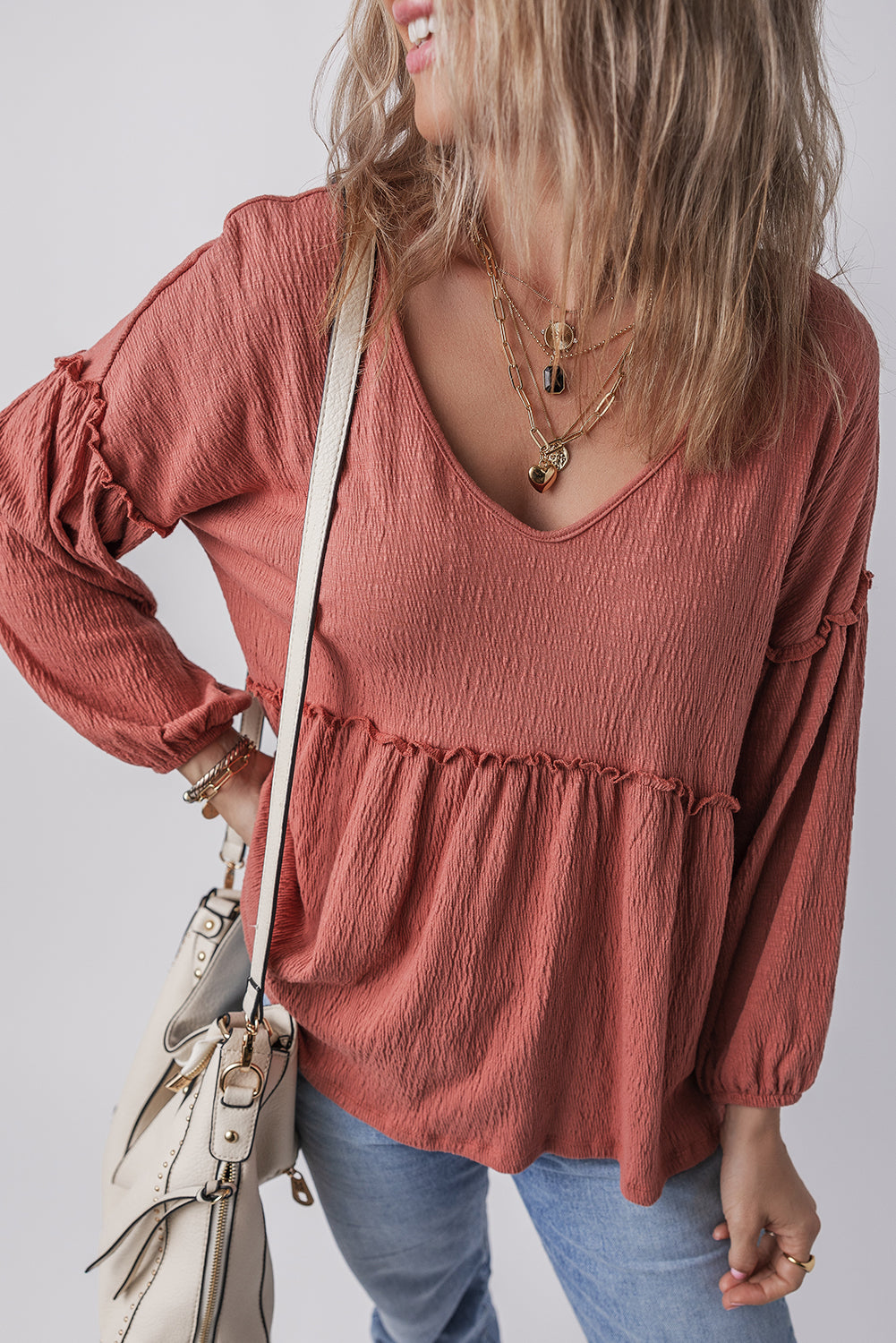 Solid Colour Textured Frilled Trim V Neck Puff Sleeve Blouse | Mineral Red