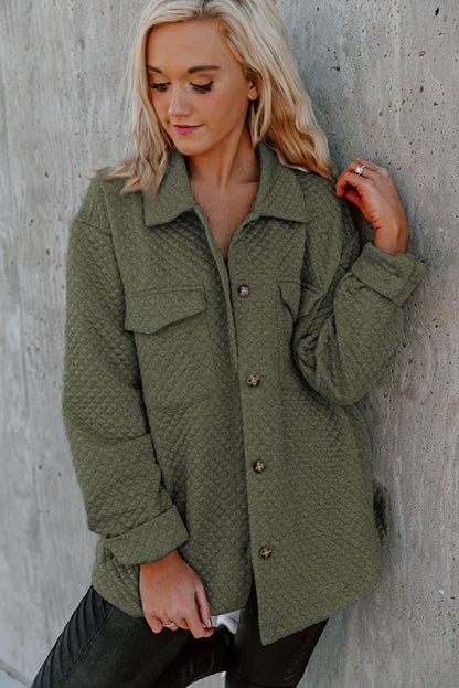 Retro Quilted Flap Pocket Button Shacket | Green