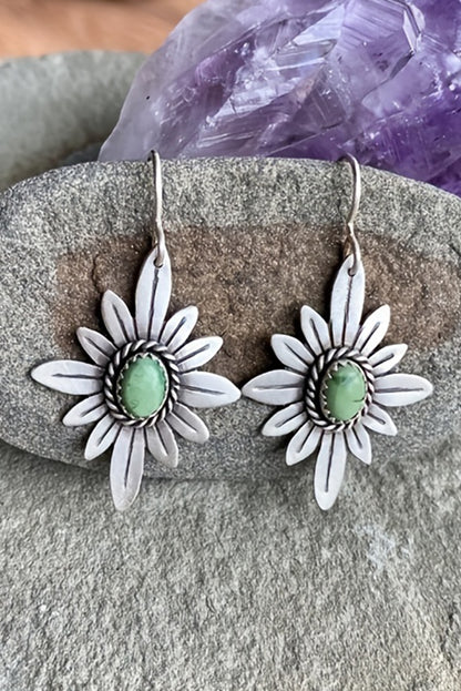 Western Turquoise Flower Shape Hook Earrings | Silvery