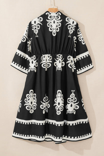 Western Geometric Print 3/4 Sleeve Loose Midi Dress | Black