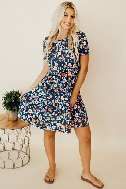 Short Sleeve A-Line Floral Dress | Blue