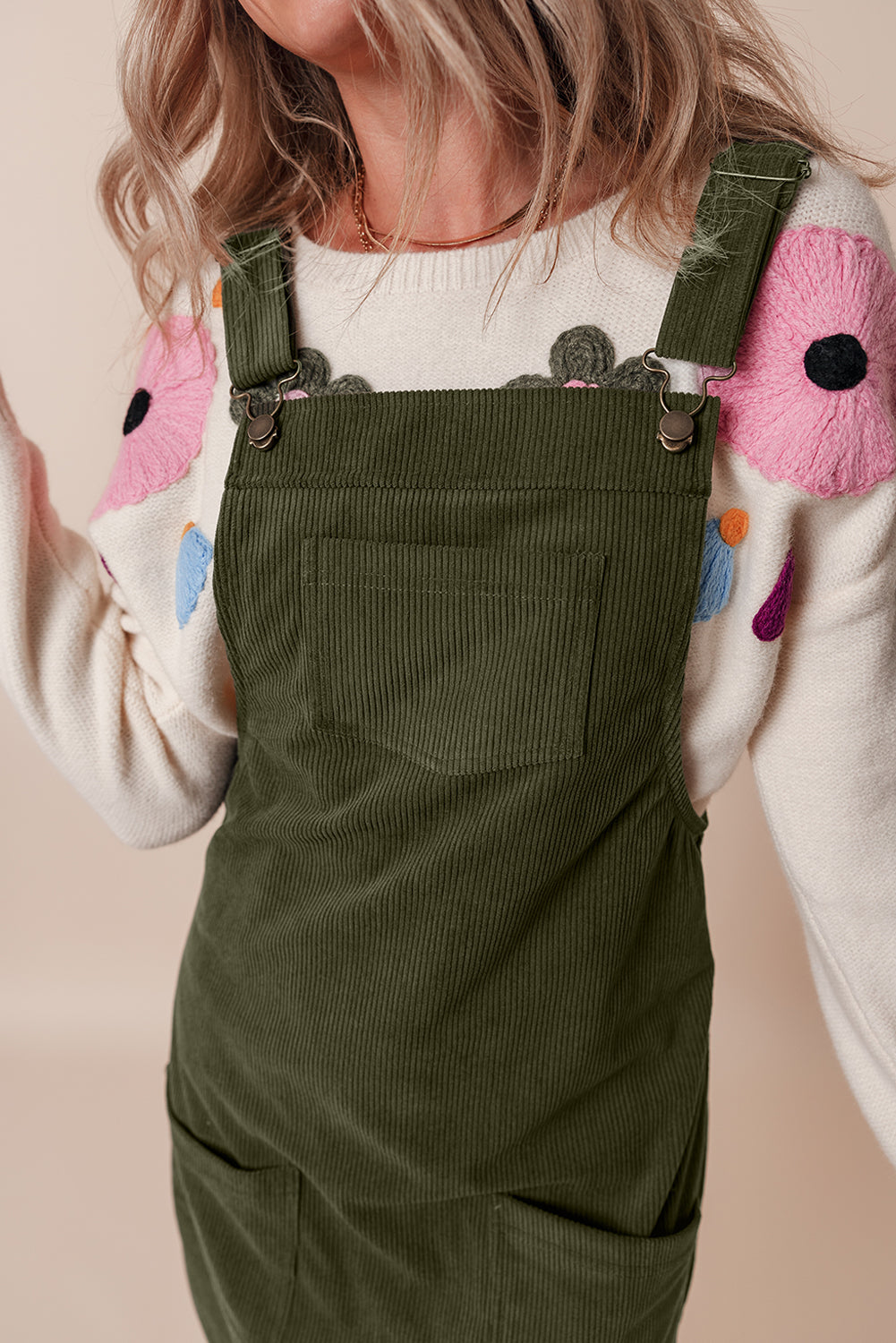 Solid Front Pockets Sleeveless Corduroy Overall Dress | Vineyard Green