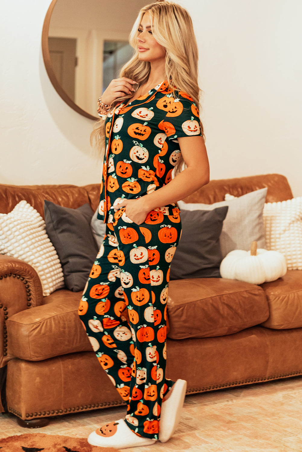 Halloween Pattern Short Sleeve Shirt Pajama Set | Orange