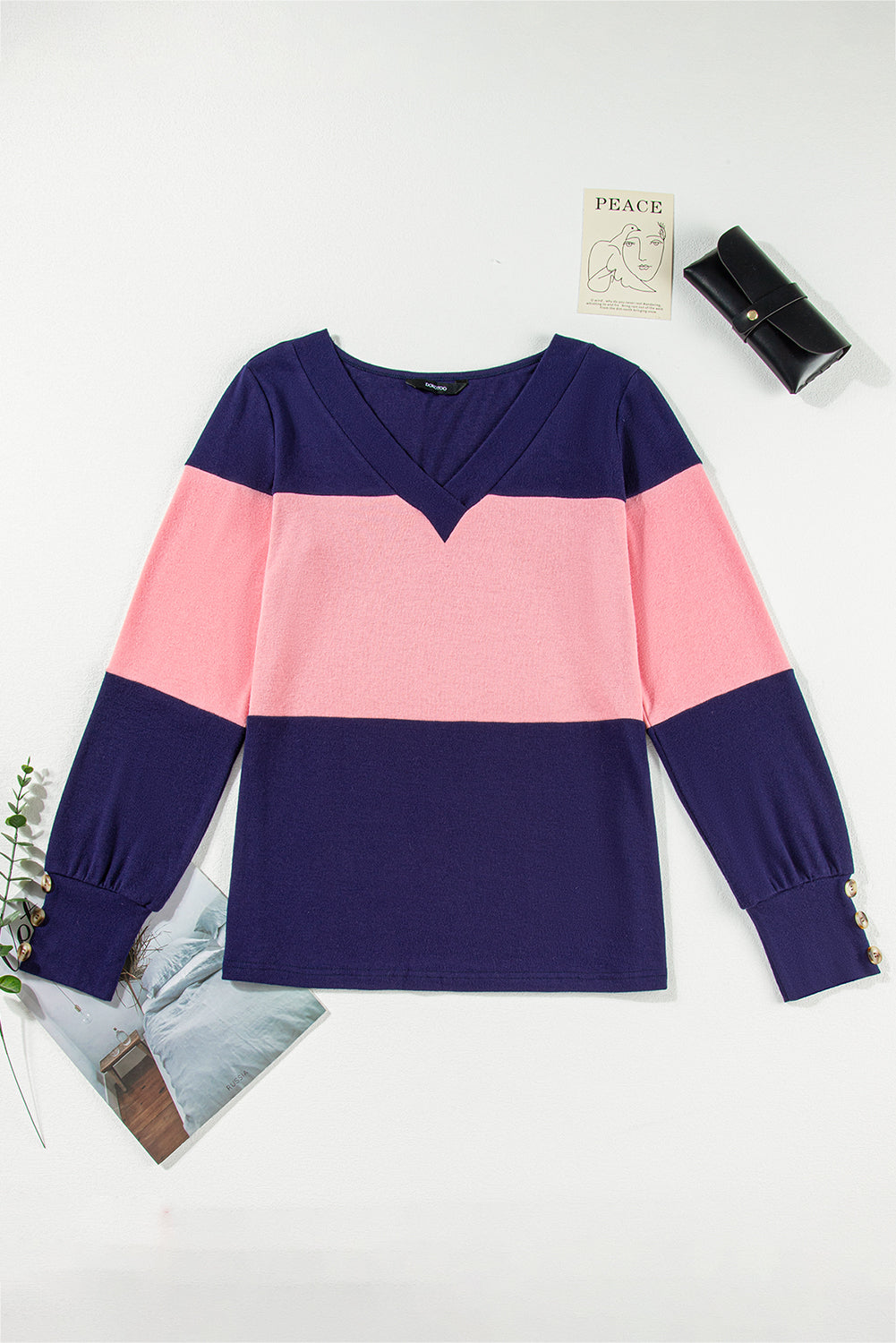 Colourblock Button Decor Long Sleeve V Neck Top | Blue Stripe