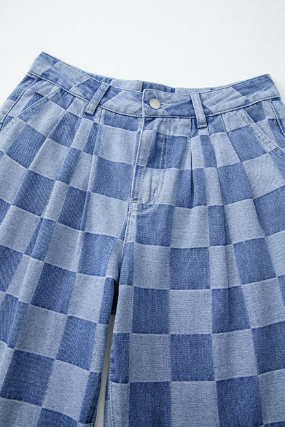 Checkered Denim Wide Leg Jeans | Dusk Blue