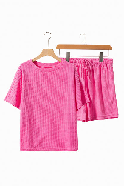 Casual Textured Tee And Drawstring Shorts Set | Rose Red