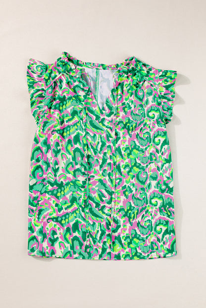 Abstract Print Ruffled Trim Tied Split Neck Tank Top | Green