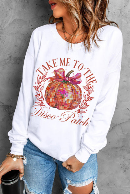 Halloween Disco Ball Pumpkin Print Pullover Sweatshirt | Beige