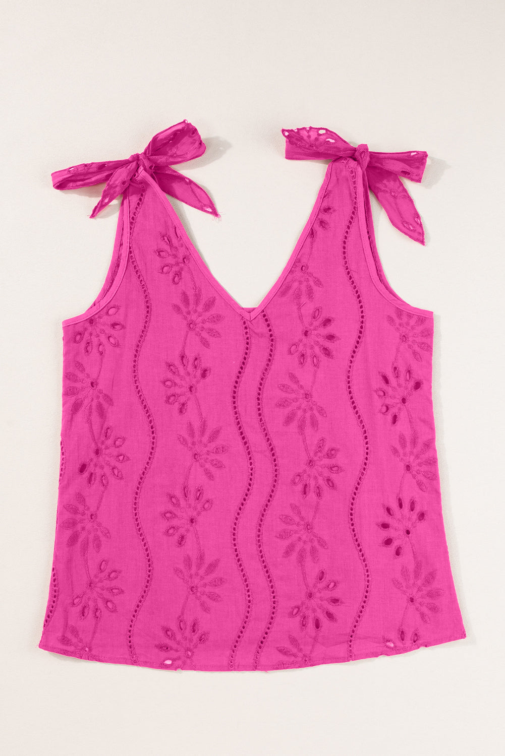 Embroidery Patterned Knotted Straps V Neck Tank Top | Rose Red