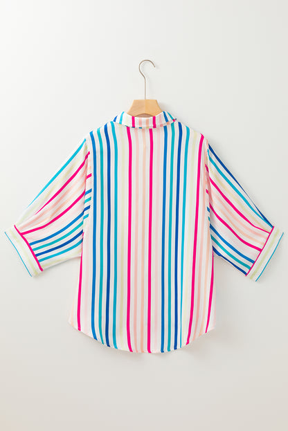 3/4 Sleeve Button Up Casual Shirt | Pink Stripe