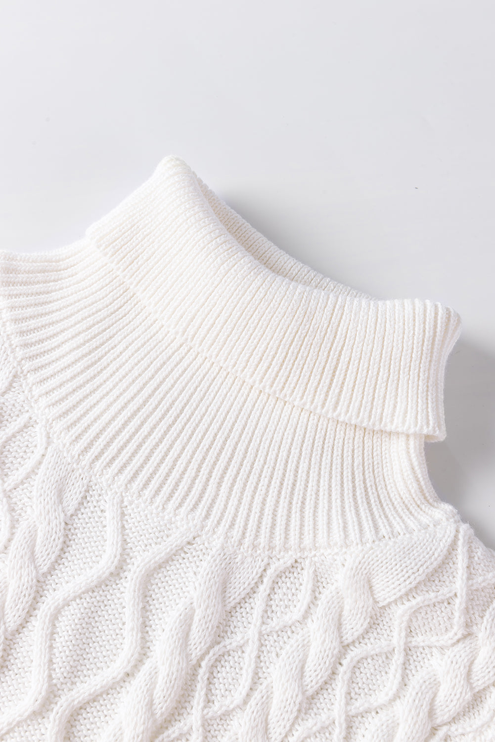 Turtle Neck Short Sleeve Cable Knit Ruffled Sweater | White