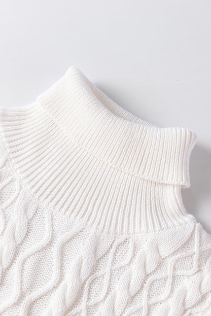 Turtle Neck Short Sleeve Cable Knit Ruffled Sweater | White