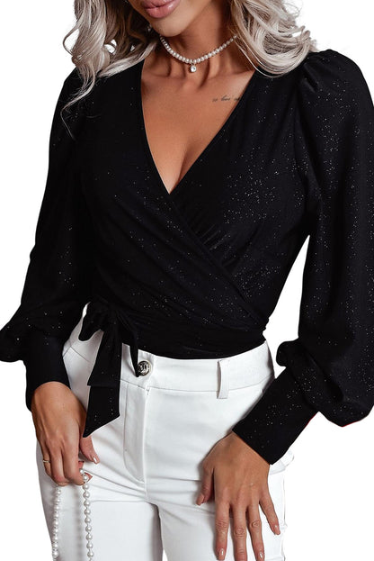 Glitter Wrap V Neck Tie Hem Puff Sleeve Blouse | Black