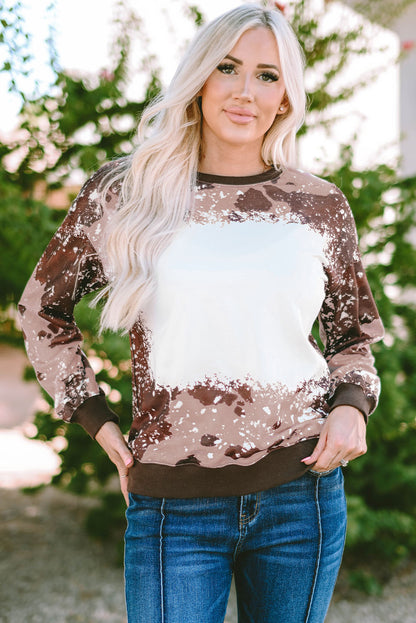 Bleached Tie Dye Leopard Print Long Sleeve Top | Brown