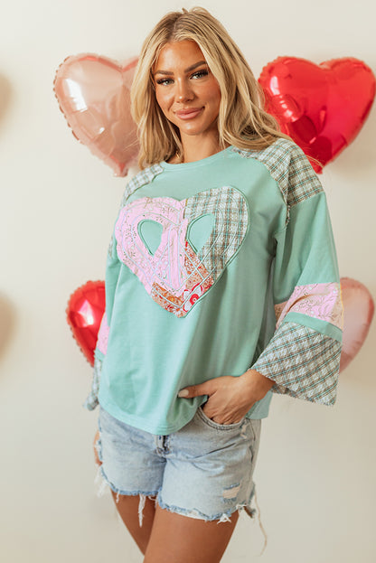 Plaid Floral Peace Heart Graphic Wide Long Sleeve Top | Clearly Aqua