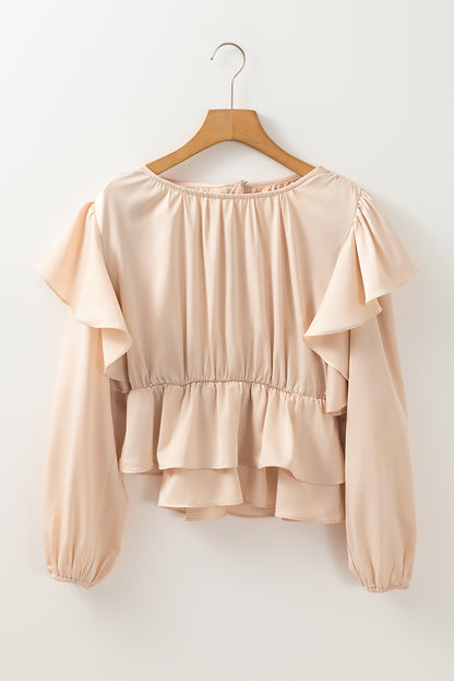 Lace-Up Keyhole Back Ruffled Peplum Blouse | Oatmeal