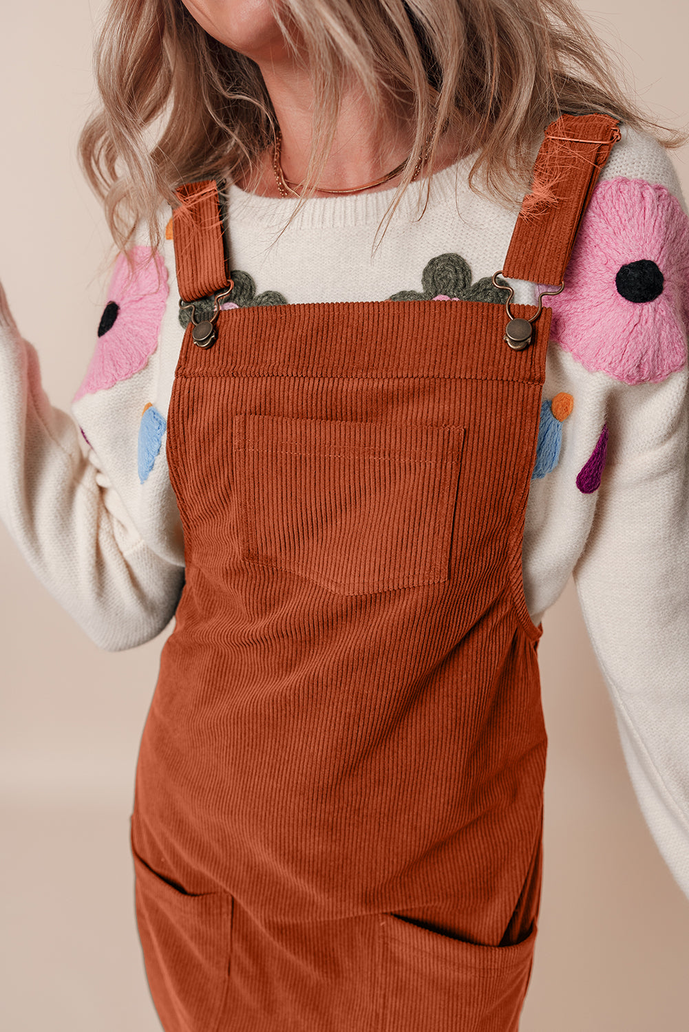 Solid Front Pockets Sleeveless Corduroy Overall Dress | Cinnamon