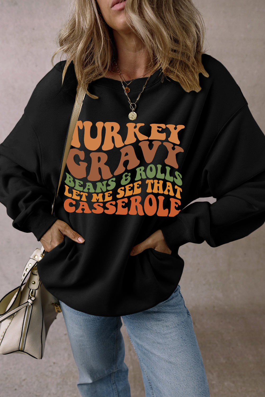 Thanksgiving Slogan Print Drop Shoulder Sweatshirt | Black