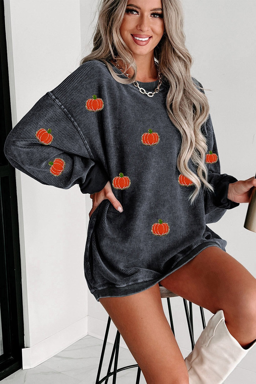 Halloween Pumpkin Graphic Drop Shoulder Ribbed Sweatshirt | Gray