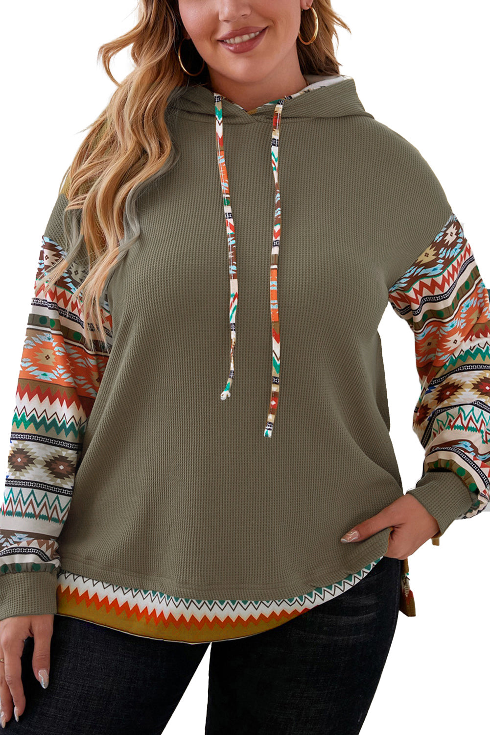 Aztec Patchwork Sleeve Waffle Drawstring Plus Hoodie | Jungle Green