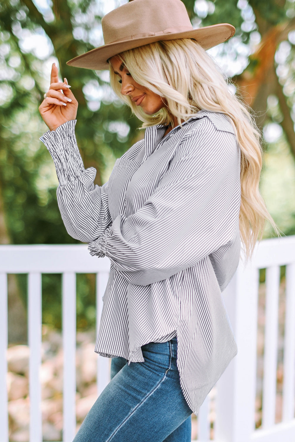 Smocked Cuffed Striped Boyfriend Shirt With Pocket | Black