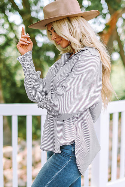 Smocked Cuffed Striped Boyfriend Shirt With Pocket | Black