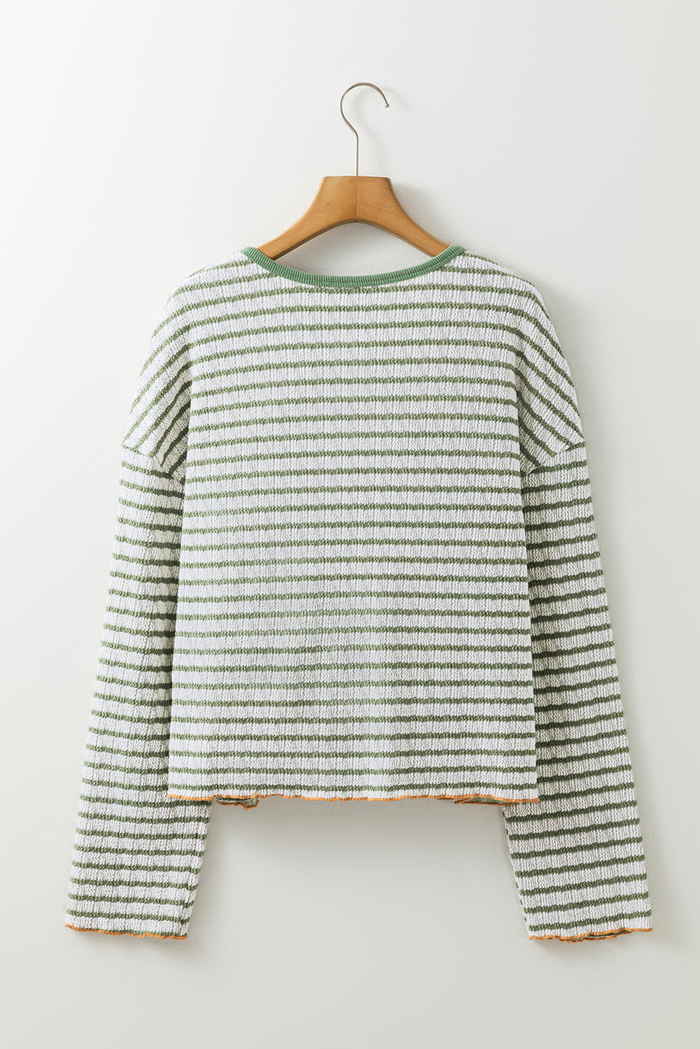 Textured Frilly Trim Buttons Henley Long Sleeve Top | Green Stripe