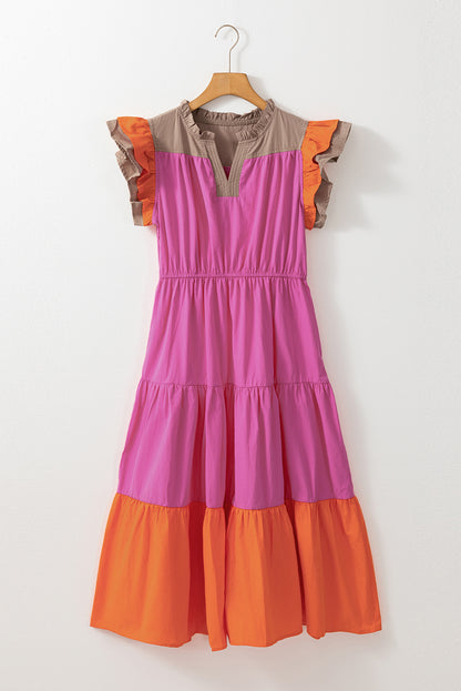 Colour Block Tiered Notched Neck Ruffle Sleeve Dress | Bonbon