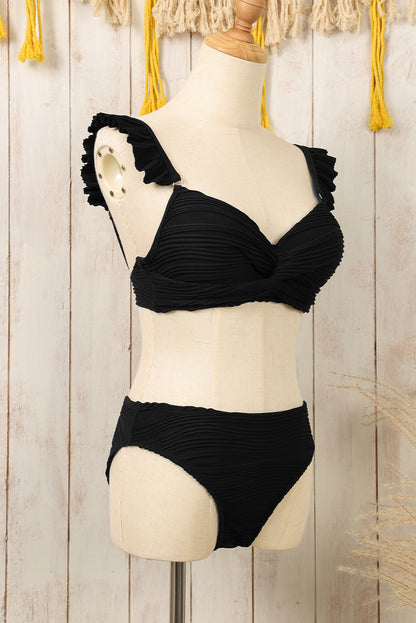 Wavy Textured Ruffled Straps Twist Bikini Swimsuit | Black