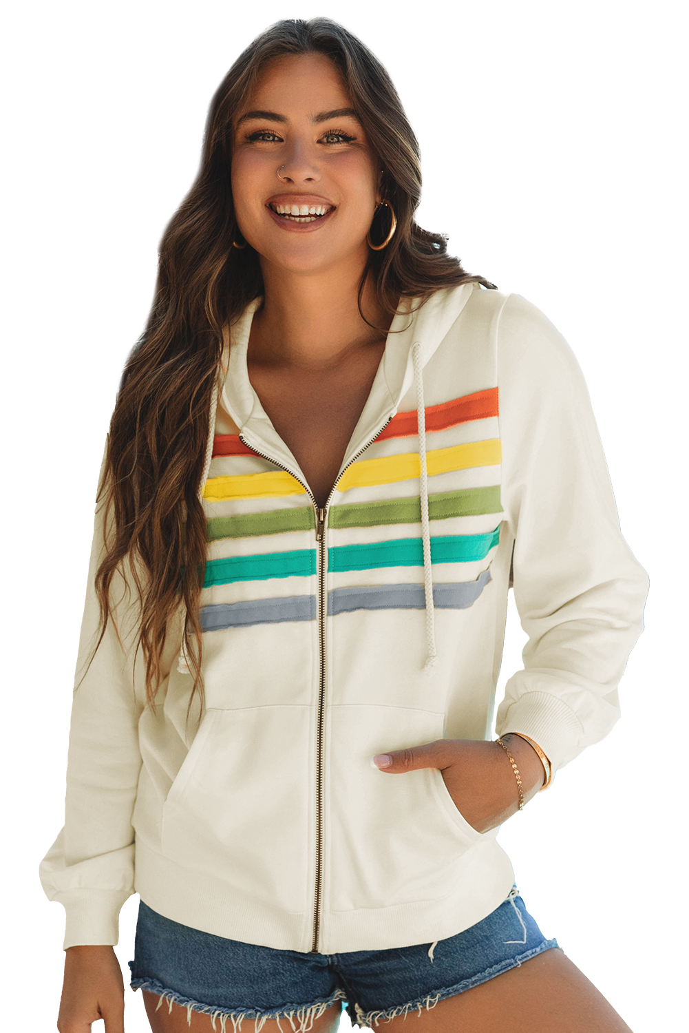 Colourblock Striped Patchwork Side Pockets Zipper Hoodie | Apricot