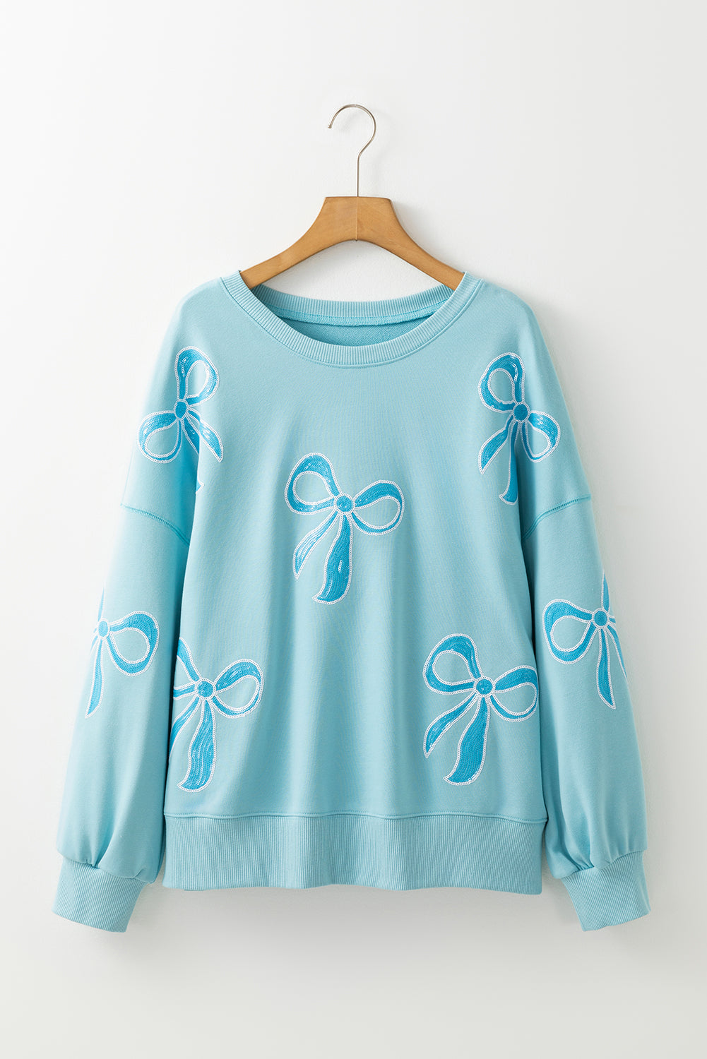 Sequined Bowknot Drop Shoulder Oversized Sweatshirt | Beau Blue