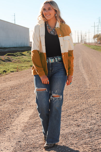 Colourblock Flap Pocket Raw Edge Buttoned Jacket | Brown