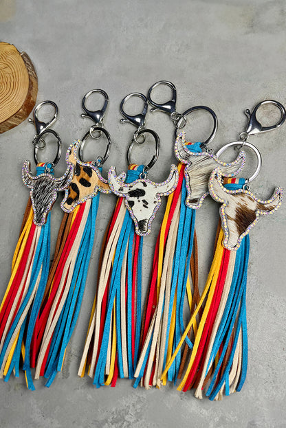 Philippine Gray Rhinestone Steer Head Colorful Tassel Key Ring