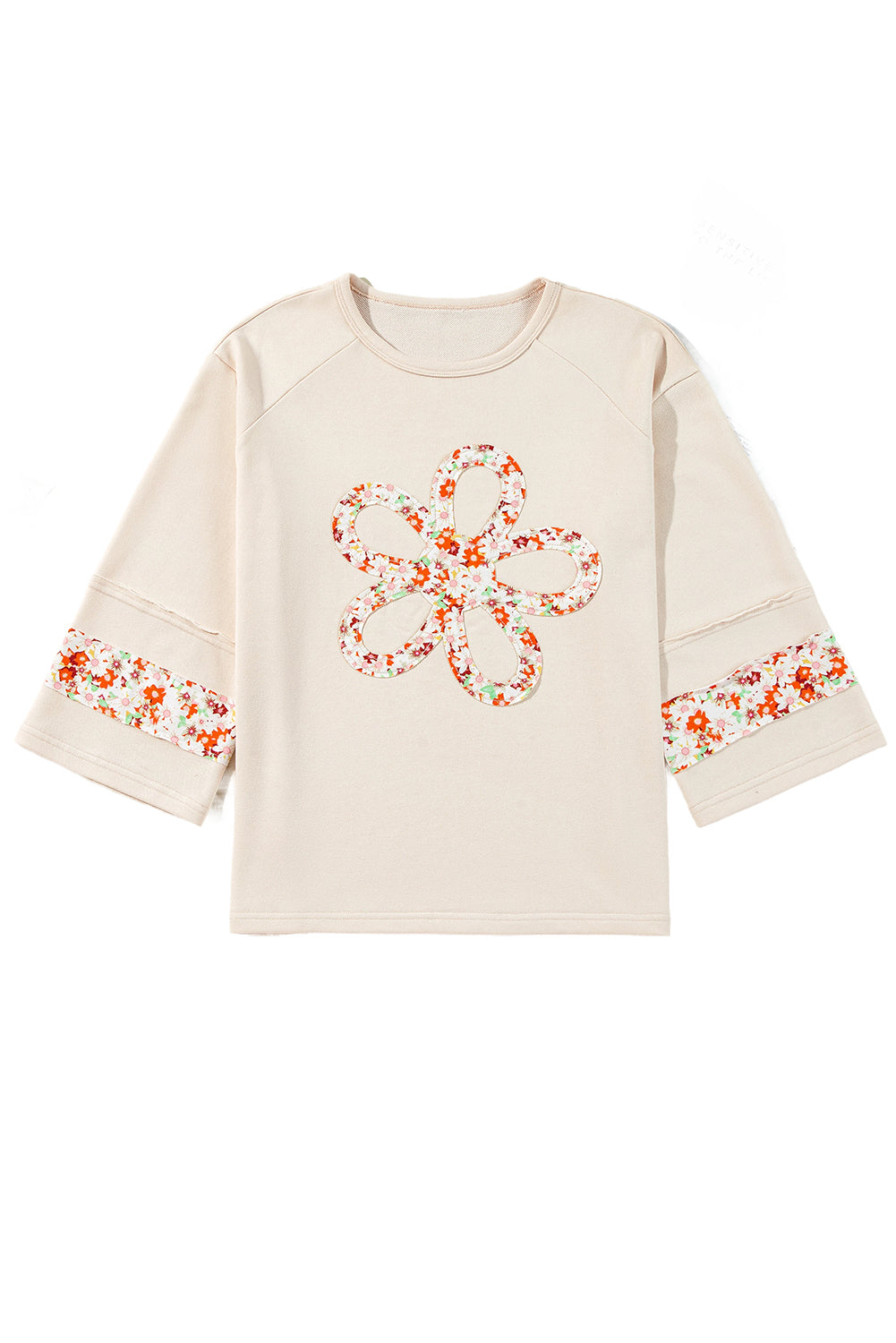 Flower Patch Graphic Exposed Seam Wide Sleeve Top | Beige