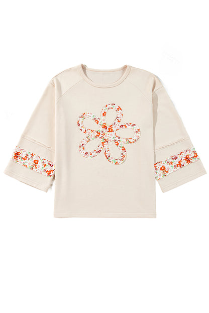 Flower Patch Graphic Exposed Seam Wide Sleeve Top | Beige