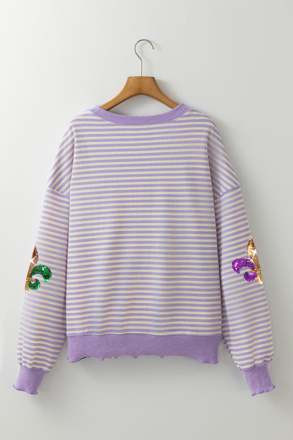 Sequin Fleur De Lis Patched Pattern Long Sleeve Top | Purple Stripe