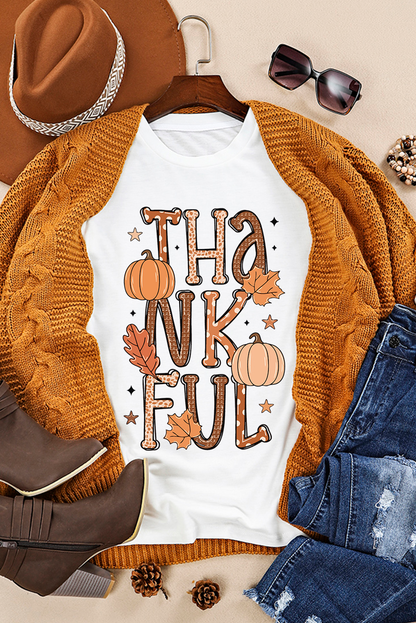 Thankful Pumpkin Leaves Graphic Crewneck Thanksgiving T Shirt | White